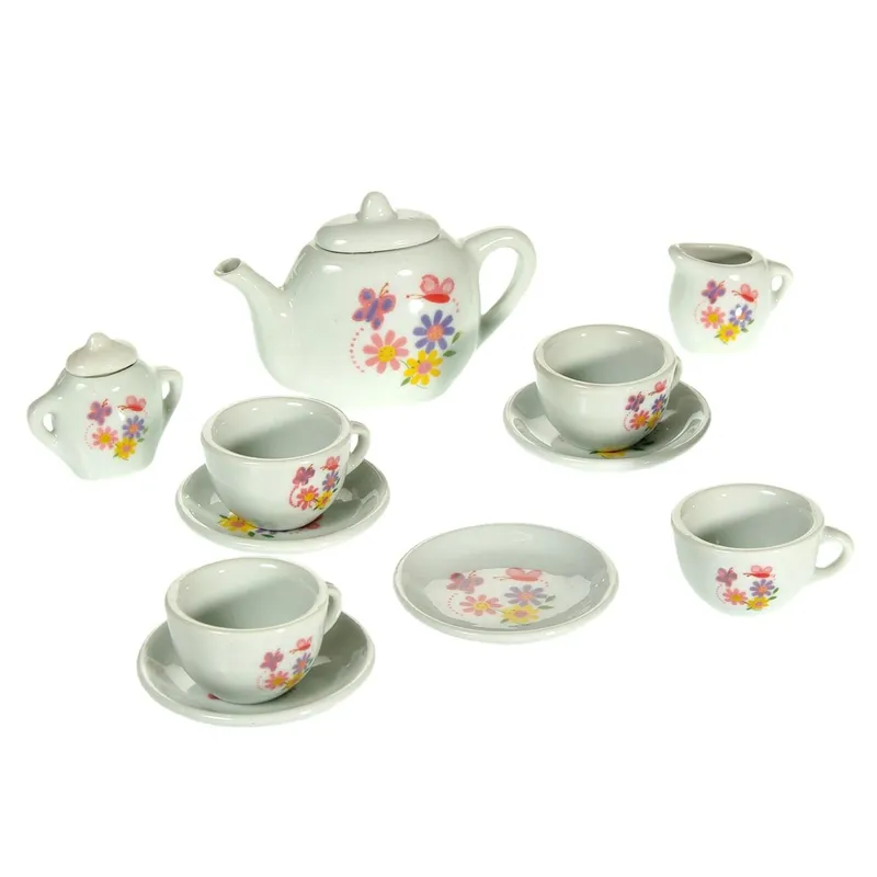 Set de joaca ceai din portelan, 13 piese, alb, cu decor floral