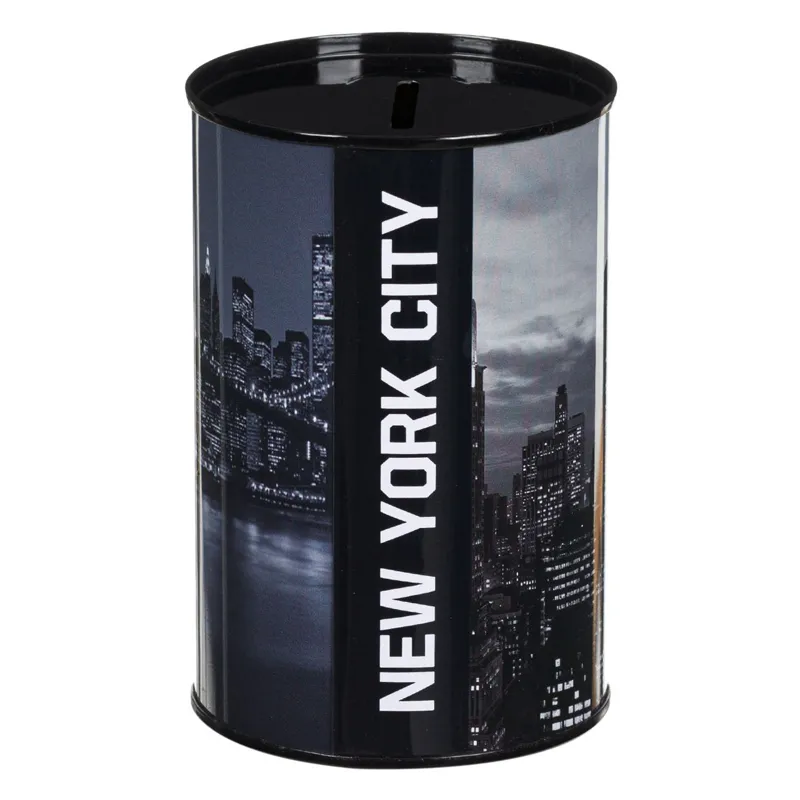 Pusculiță metalică neagră cu decor New York, Ø8x13cm