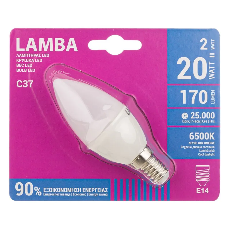 Bec LED E14 2W, C37, Alb Rece, 6500K