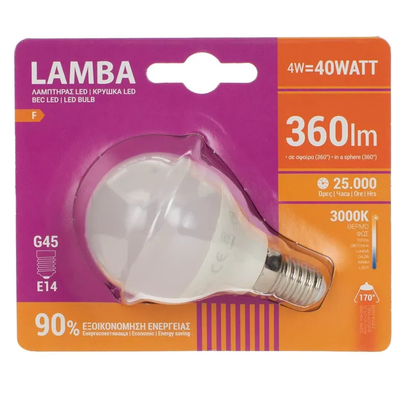 Bec LED E14 4W (G45) - Alb Cald, 360 Lumeni, 25.000 Ore
