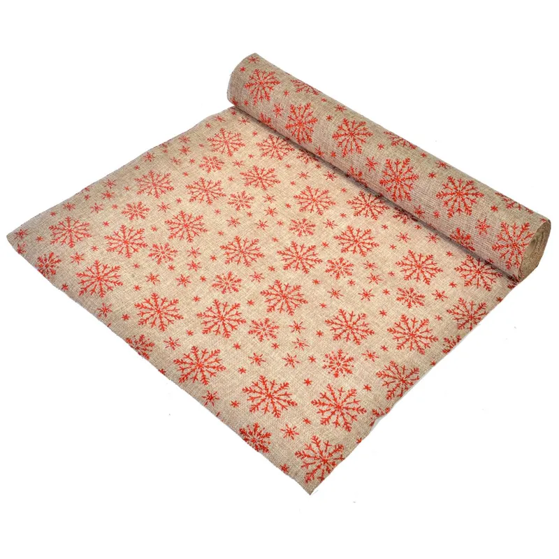 Tesătură Decorativă de Crăciun Fulgi Bej cu Roșu Poliester 5m x 48cm