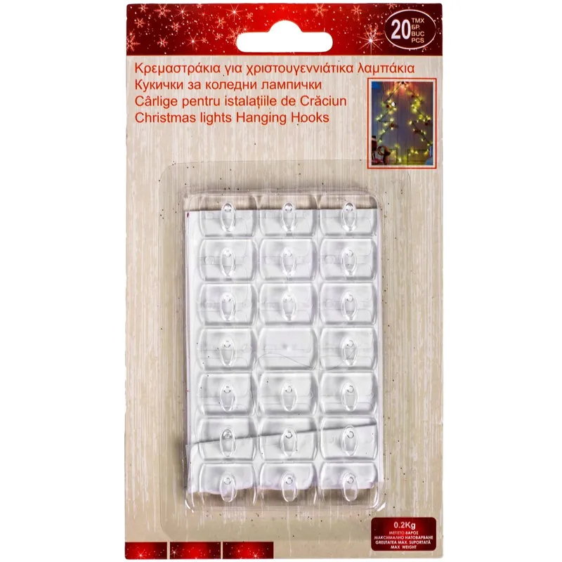 Cârlige Autocolante Transparente pentru Luminițe de Crăciun, Set 21 bucăți