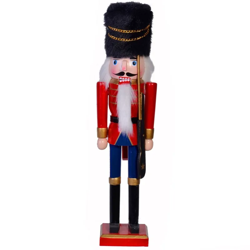 Soldat din Lemn Decorativ de Craciun, Uniforma Rosie Albastra, Caciula Neagra de Blana, 38cm