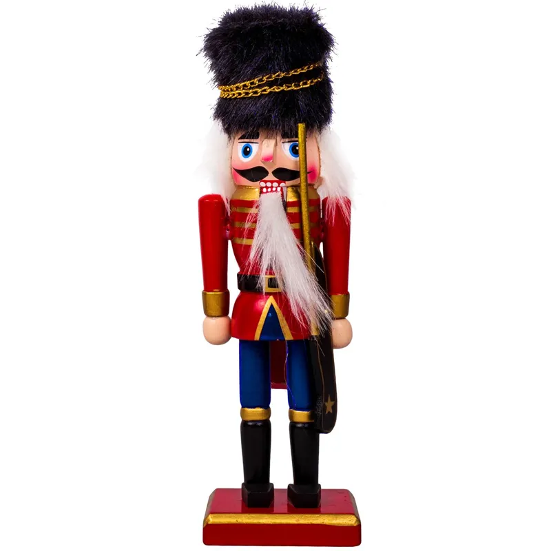 Soldat din Lemn Decorativ de Craciun, Uniforma Rosie Albastra, Caciula Neagra de Blana, 20cm