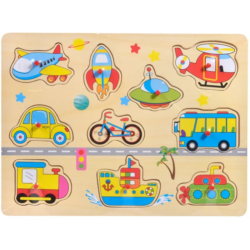 Puzzle din Lemn Vehicule de Transport, 10 Piese, 30x22cm, Multicolor