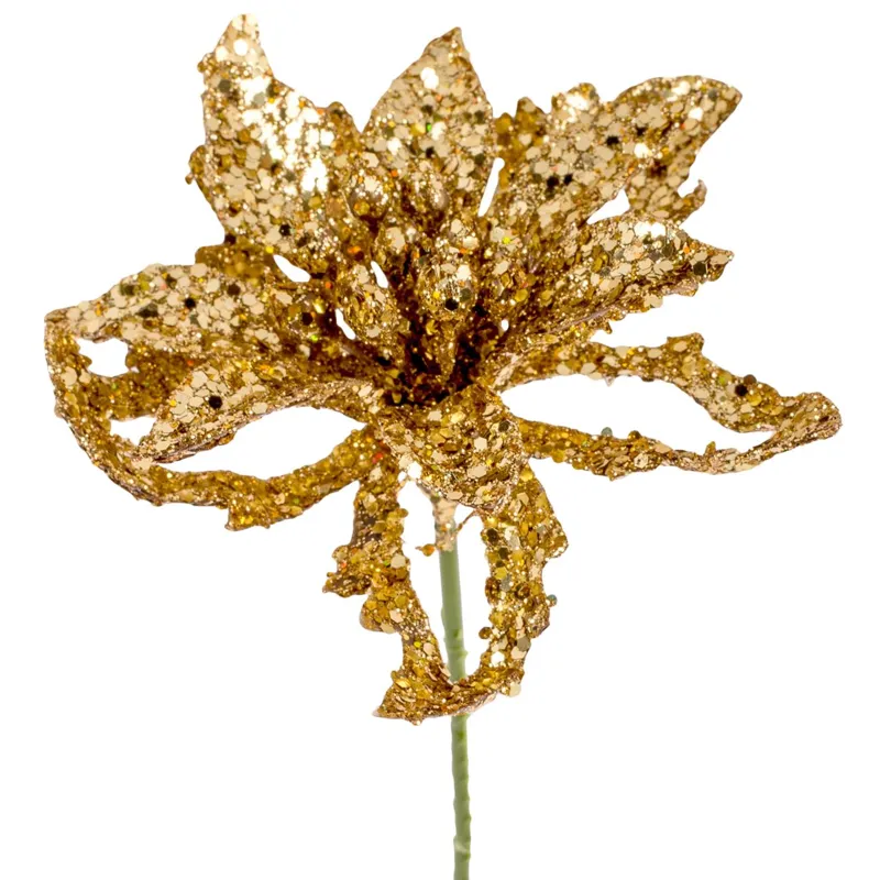 Crenguță Decorativă Crăciun cu Glitter Aurie, Diametru 8.5 cm