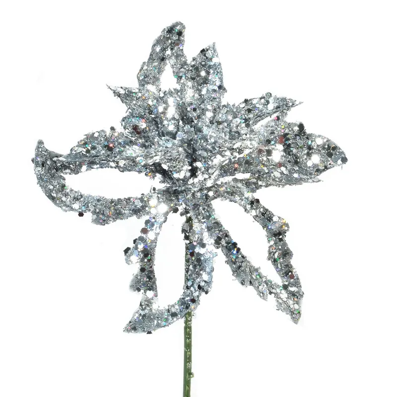 Floare Decorativa de Crăciun Argintie Glitter pentru Decorațiuni Festive