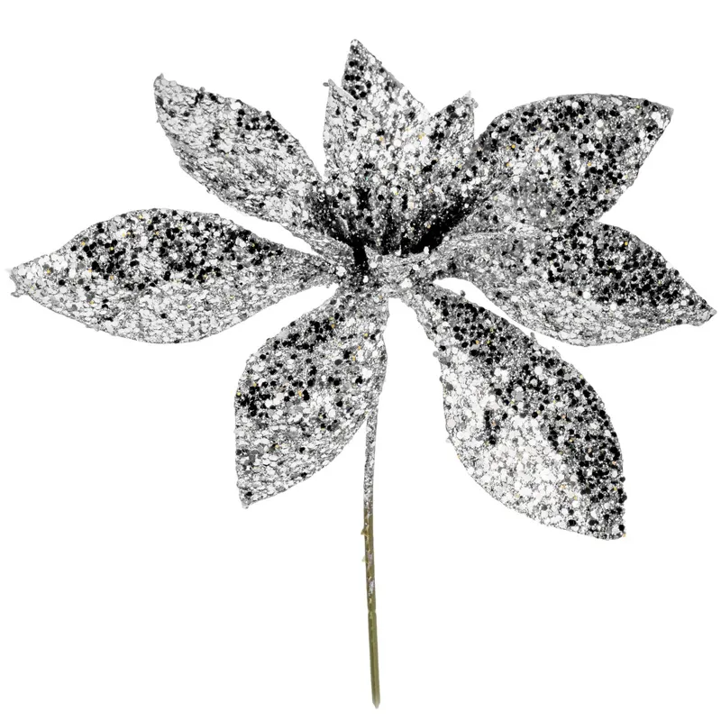 Floare decorativă de Crăciun argintie cu glitter 15.5cm pentru aranjamente festi