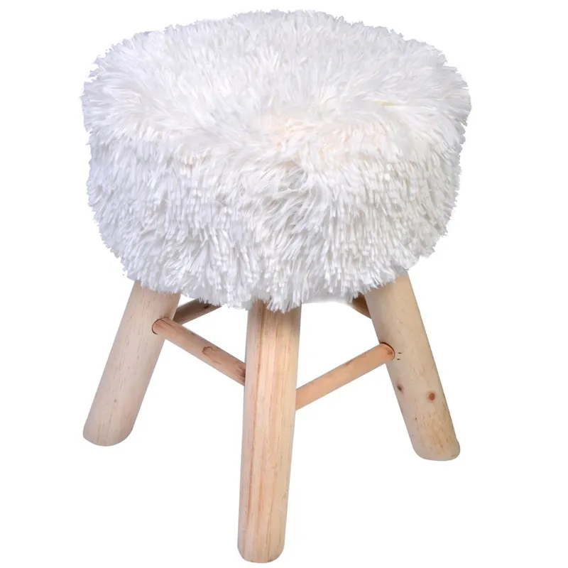 Taburet otoman decorativ din lemn cu blană artificială albă