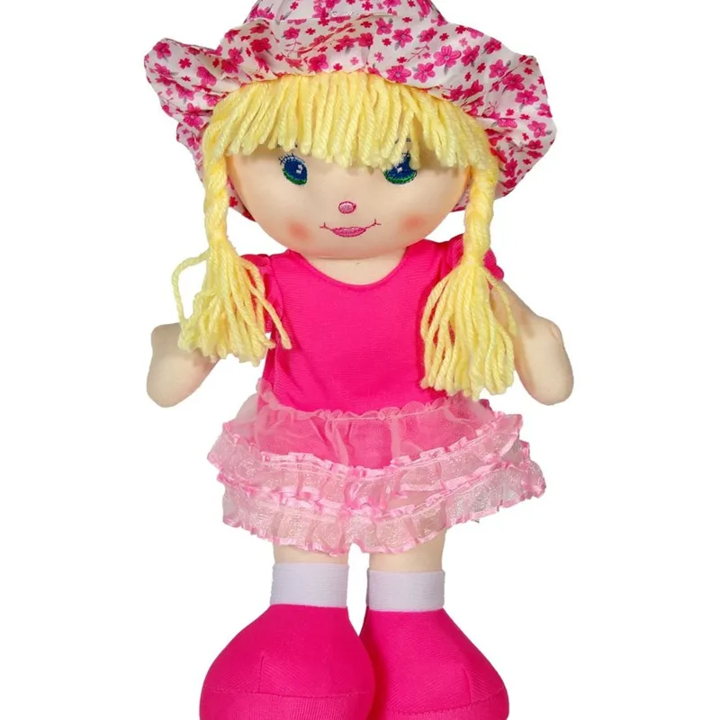 Papusa textila cu par blond si rochie fucsia, 32 cm – poza 3