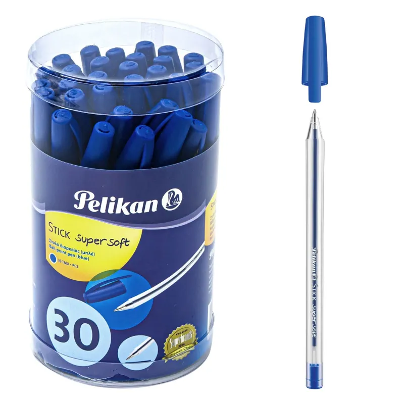 Set 30 Pixuri cu Bilă, Cerneală Albastră, Corp Transparent