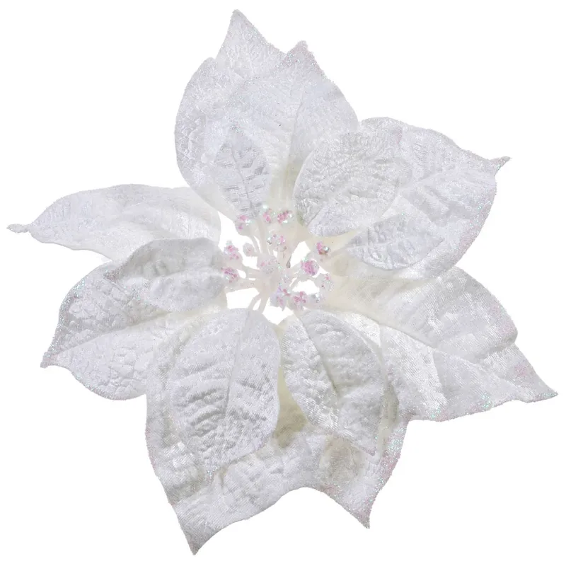 Floare decorativă de Crăciun albă catifelată cu glitter