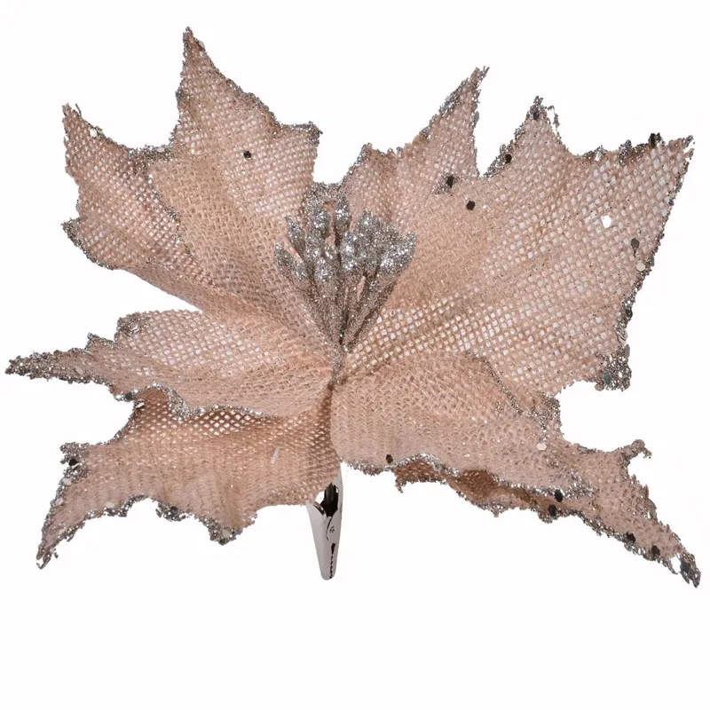 Floare decorativa de Craciun, Bej cu Glitter Argintiu, cu Clips, 25cm