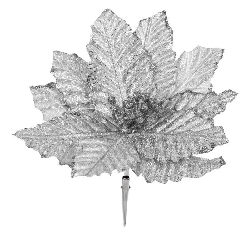 Floare decorativa de Craciun argintie cu glitter și clips