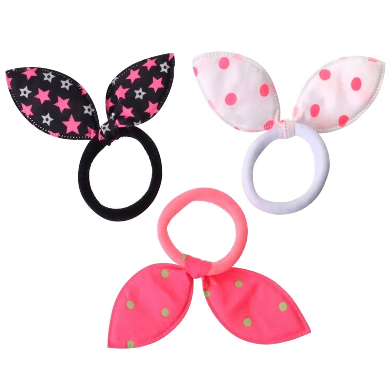 Elastice de par frotte cu fundite, Set 6 bucati, Fucsia/Negru/Alb, Modele Buline si Stele