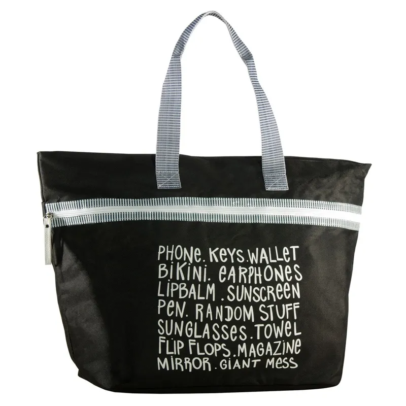 Geanta de plaja neagra cu fermoar si portfard interior, 59x22x37 cm