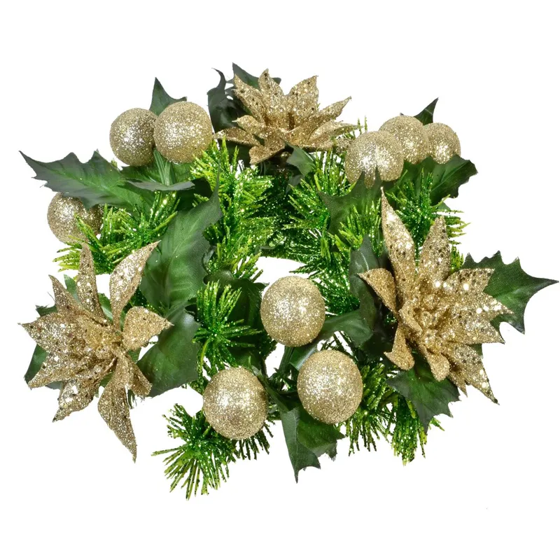 Inel Decorativ de Crăciun pentru Lumânare, Brad și Crăciunițe Bej Șampanie 22 cm