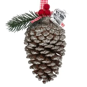 Ornament Brad de Crăciun Argintiu Glitter cu Cadou și Panglică