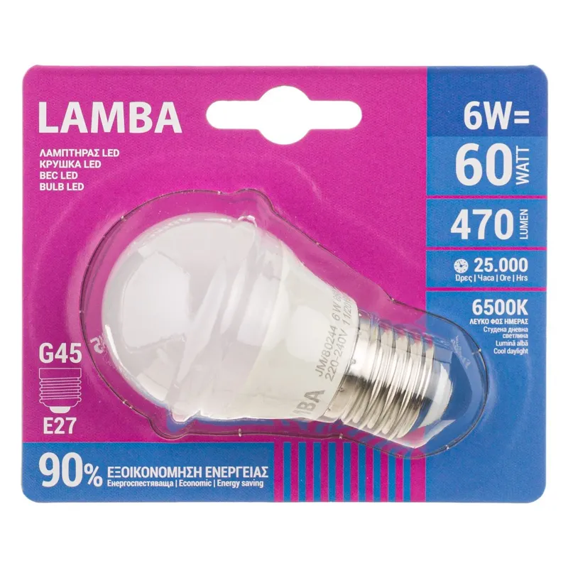 Bec LED E27 6W, G45, Lumină Albă Rece 6500K, 650 Lumeni, 25.000 Ore, 1 Buc