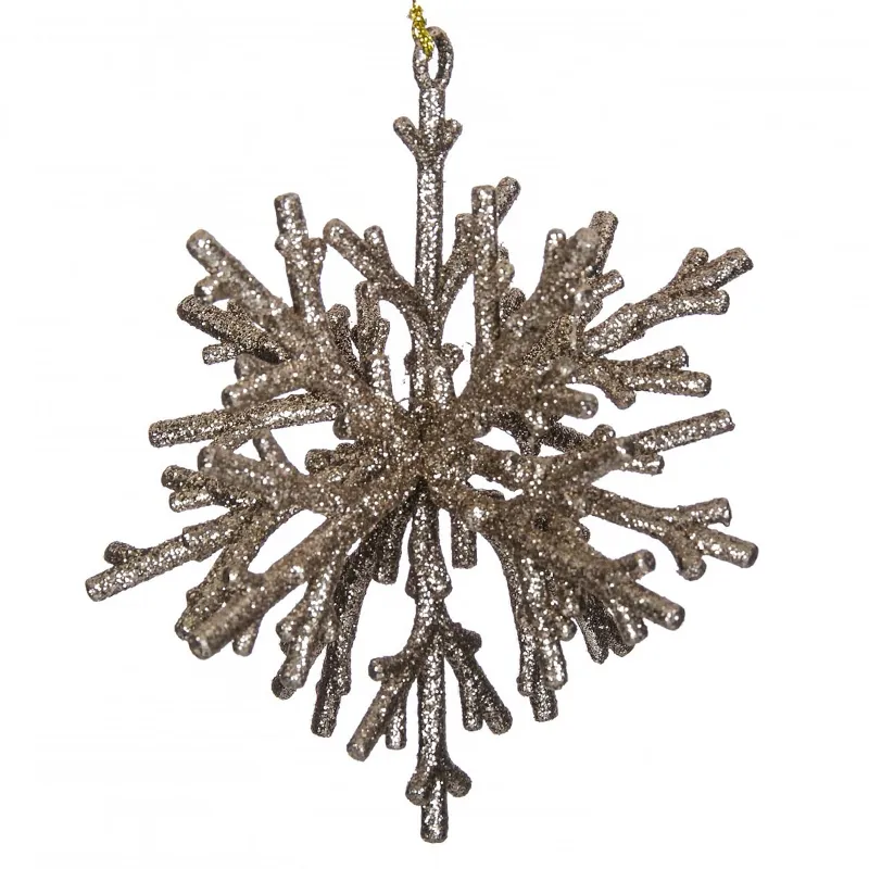 Ornament brad de Craciun fulg 3D glitter bej 15cm