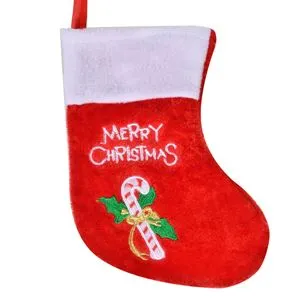 Cizmulita ornament pentru brad de Craciun, rosie, catifelata, cu bastonas si vasc, 18x13 cm