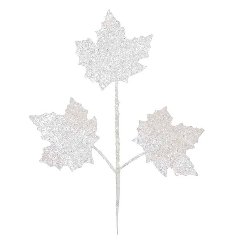 Ramură decorativă de Crăciun cu frunze albe și glitter, 51 cm