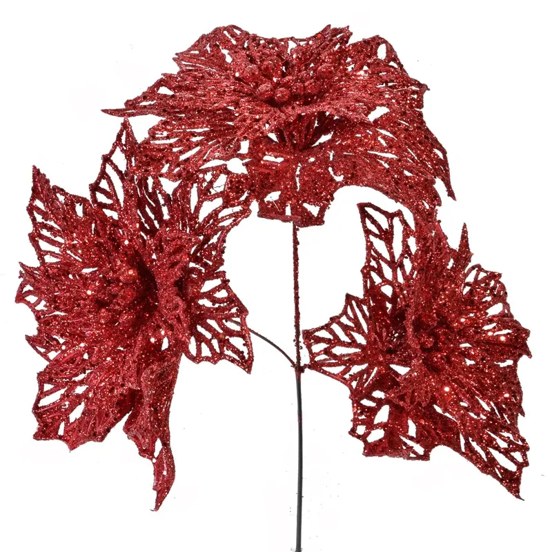Ramură Decorativă Crăciun cu Flori Roșu și Glitter, 22 cm