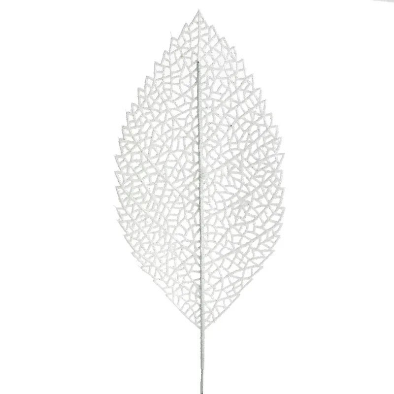 Crenguță Decorativă Frunză Albă cu Glitter Argintiu 71cm pentru Decorațiuni