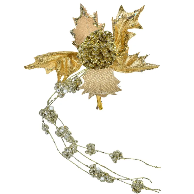 Ghirlanda și flori decorative de Crăciun aurie cu glitter