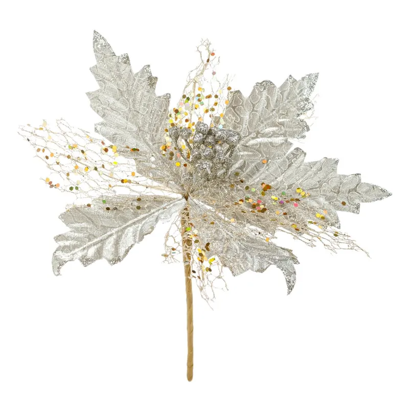 Floare Decorativa de Craciun Bej Sampanie cu Model Dantela 26cm