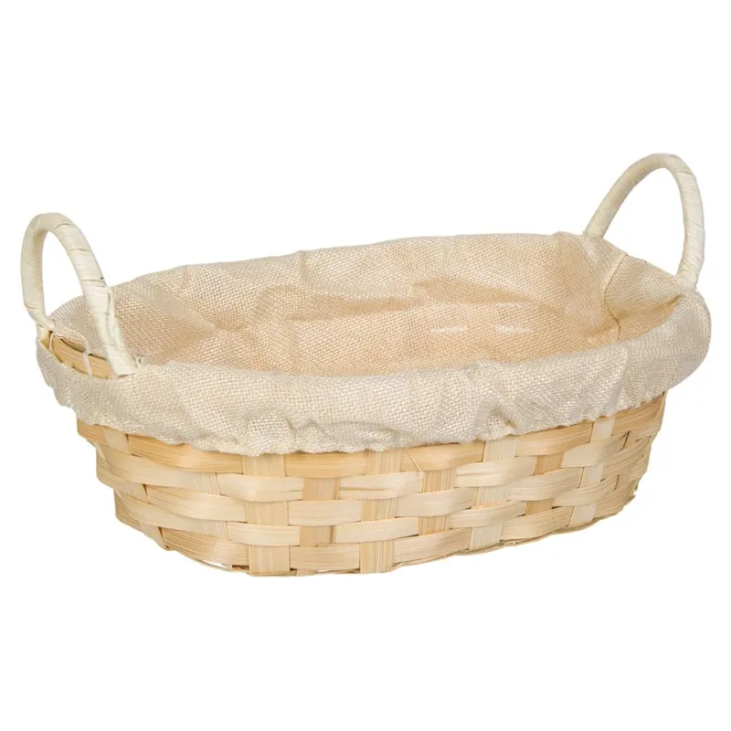 Cos decorativ oval din bambus cu tesatura bej, 25x20x8cm