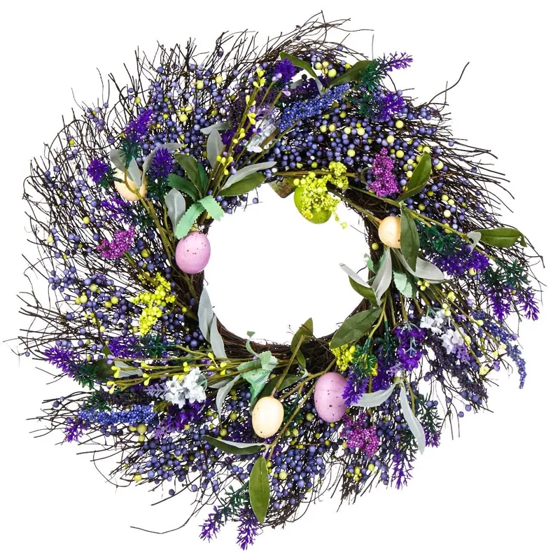 Coroniță decorativă de Paște cu ouă colorate și lavandă, 48 cm