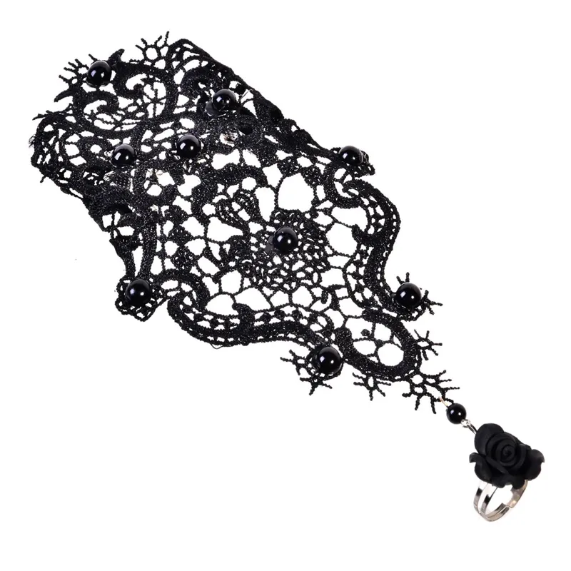 Bratara cu inel din dantela neagra, accesoriu gotic de Halloween
