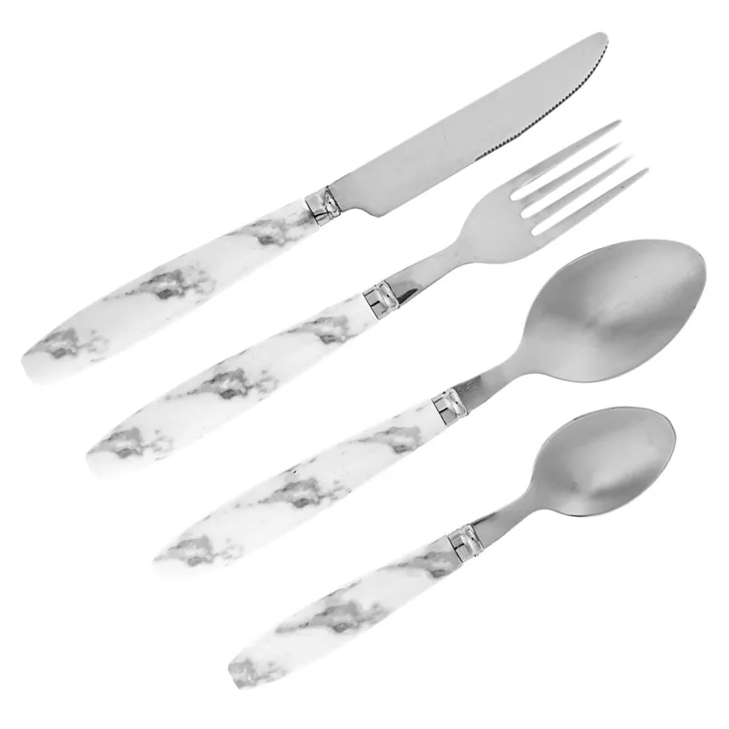 Set Tacamuri cu Maner de Marmura, 12 bucati, Otel Inoxidabil, Alb