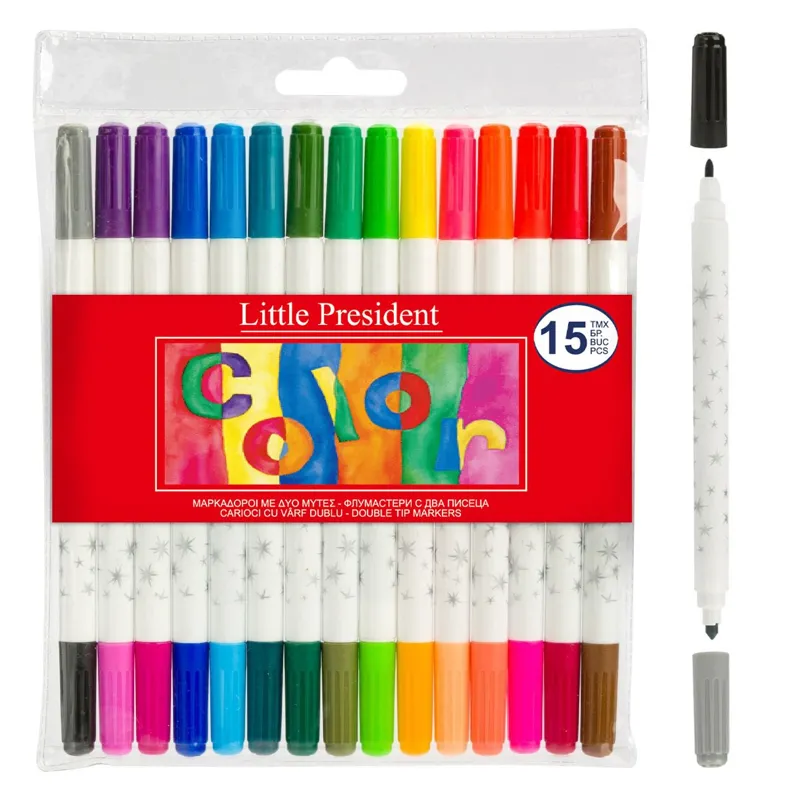 Set Carioci cu 2 Vârfuri, 30 de Culori, Lavabile, 15 Bucăți
