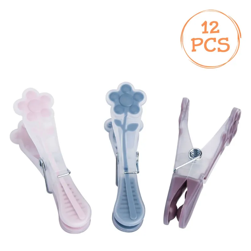 Cârlige din Plastic Transparent pentru Rufe, 8 cm, Set 12 buc, Floare Colorată