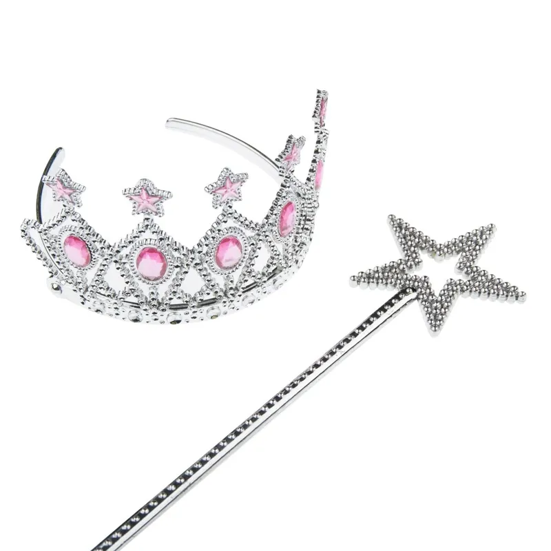 Set Tiara și Baghetă Argintie cu Pietre Roz pentru Prințese
