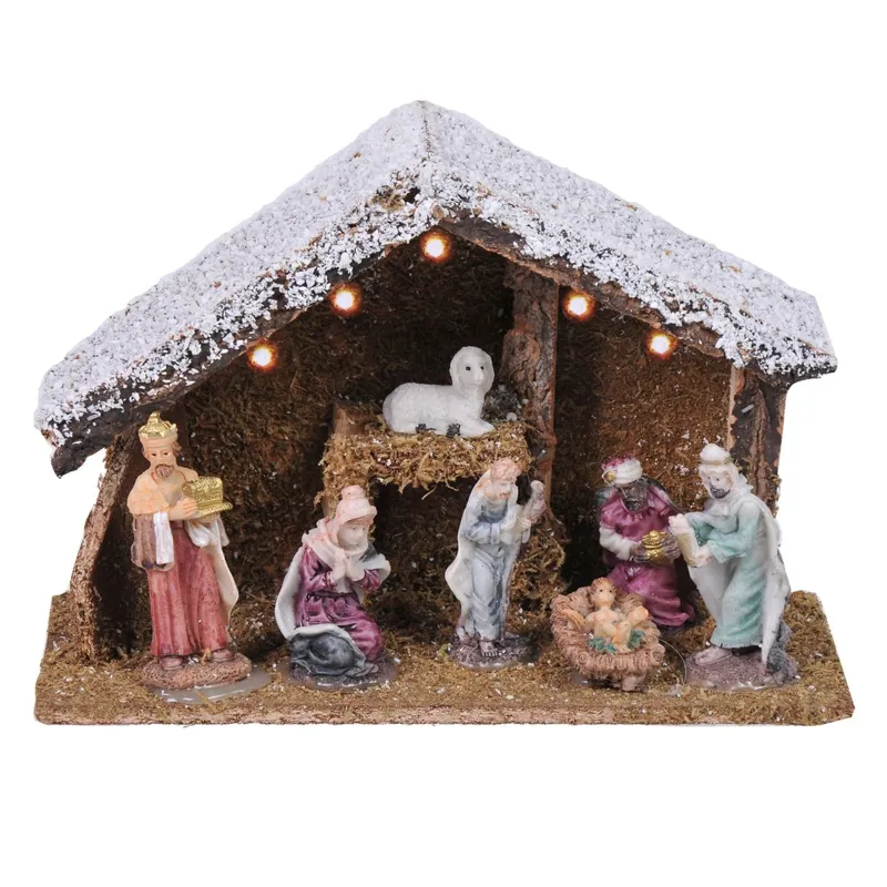Iesle de Craciun cu 5 LED-uri, 7 Figurine din Portelan, 26x10.5x18cm, Multicolor
