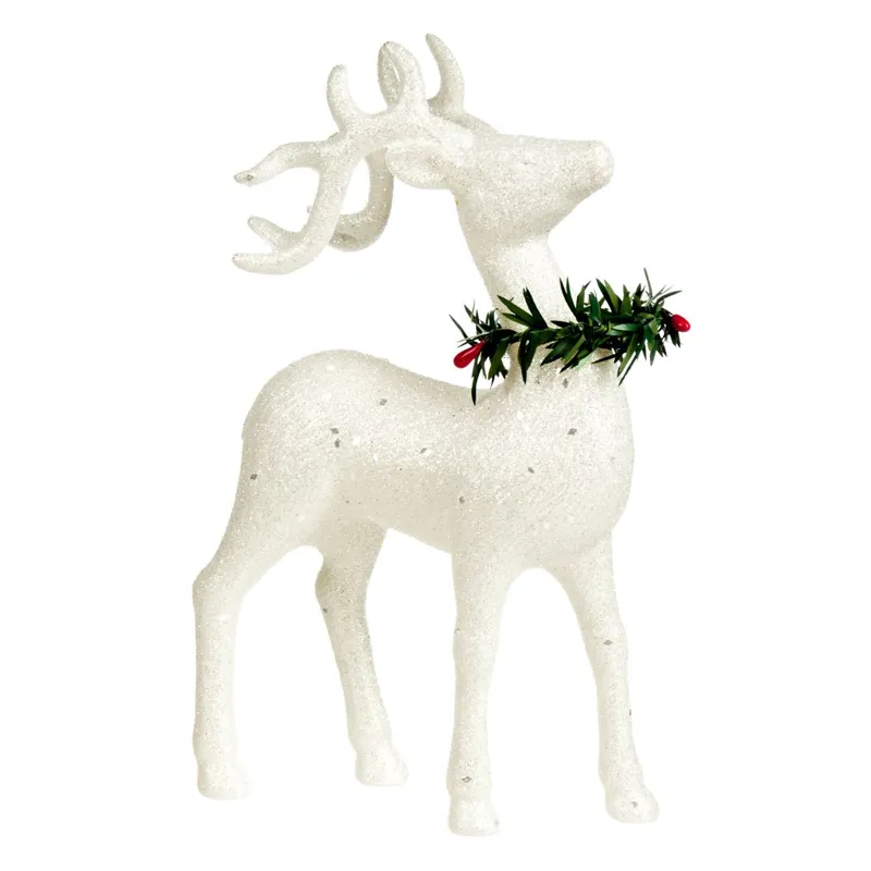 Figură Decorativă de Crăciun Cerb cu Glitter Alb Holografic și Coroniță Verde