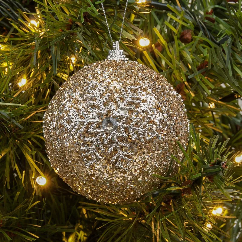 Globuri de Craciun Bej cu Fulg si Glitter, 6 buc, 8 cm – poza 2