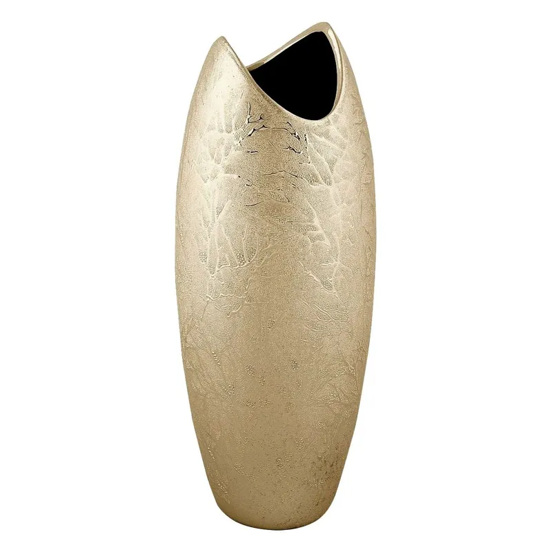 Vază Decorativă Ceramica Bej cu Gura Ondulată și Model Frunze