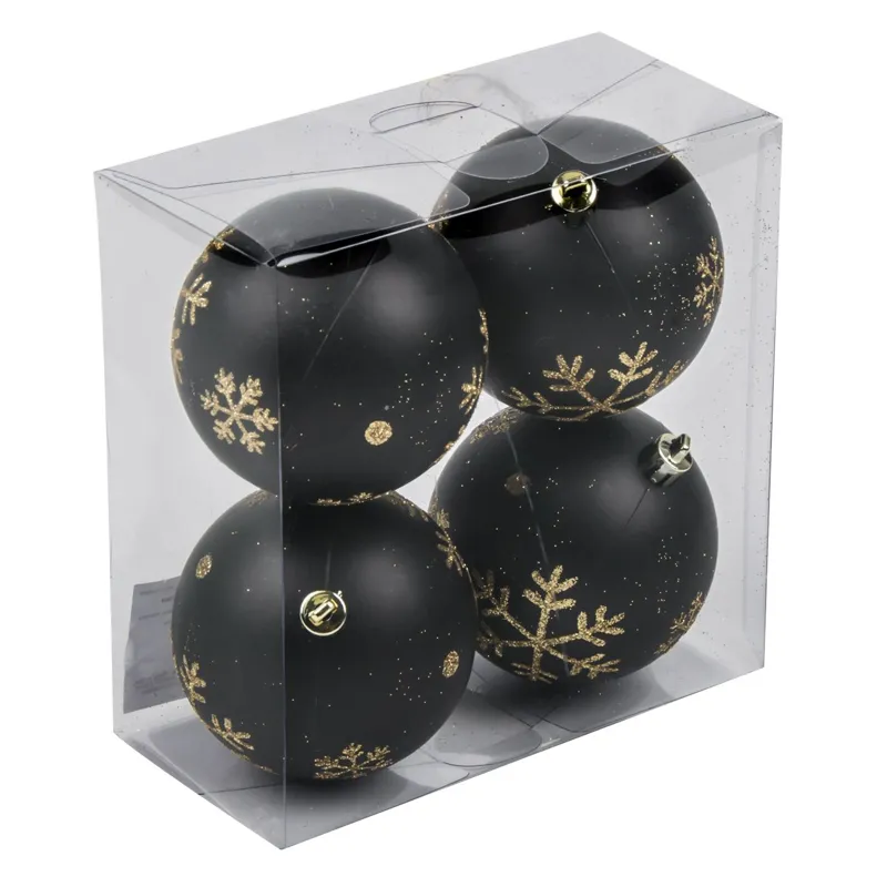 Set Globuri de Crăciun Negre cu Fulgi Aurii Sclipitori Ø8cm