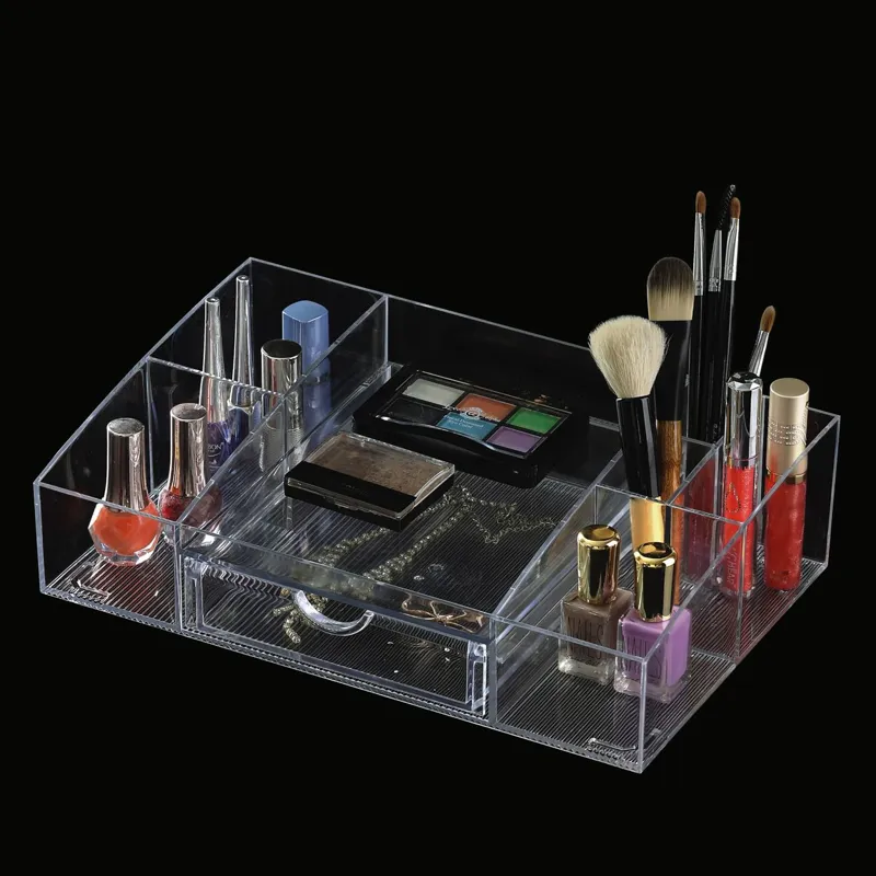 Suport Acrilic Cosmetice Transparent cu 7 Compartimente Sertar Anti-Alunecare
