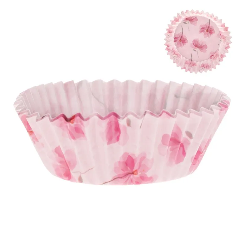 Forme de copt din hârtie pentru brioșe, 100 buc, 10,5 cm, roz, model flori