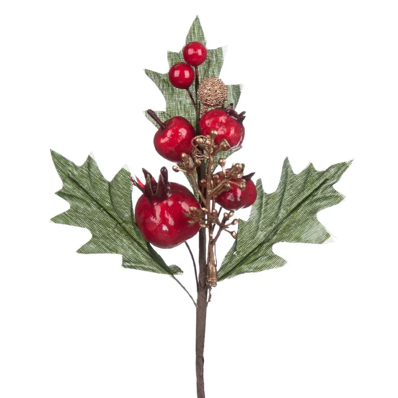 Crenguță Decorativă Berries Rodie cu Frunze Verzi pentru Decorațiuni de Crăciun