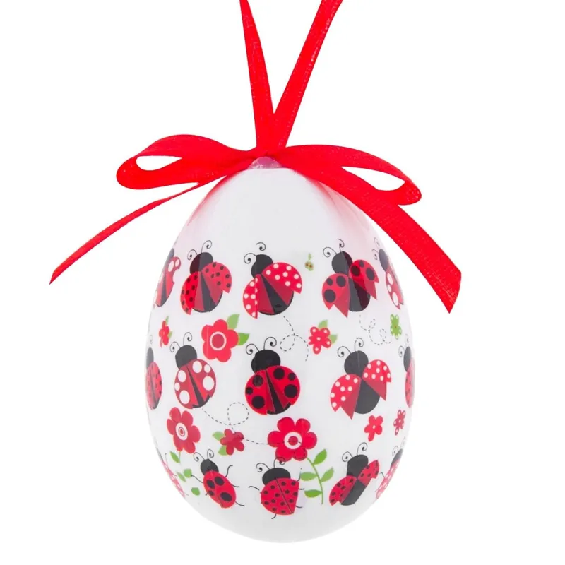Ou Decorativ de Paste cu Model Buburuza si Panglica Rosie, 7.5 cm