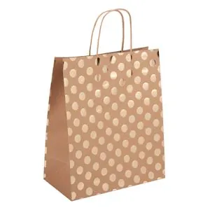 Pungă cadou kraft cu buline aurii, dimensiuni 26x12x33 cm