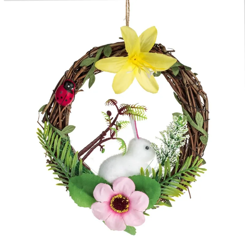 Coroniță decorativă de Paște cu iepuraș și flori, 16 cm