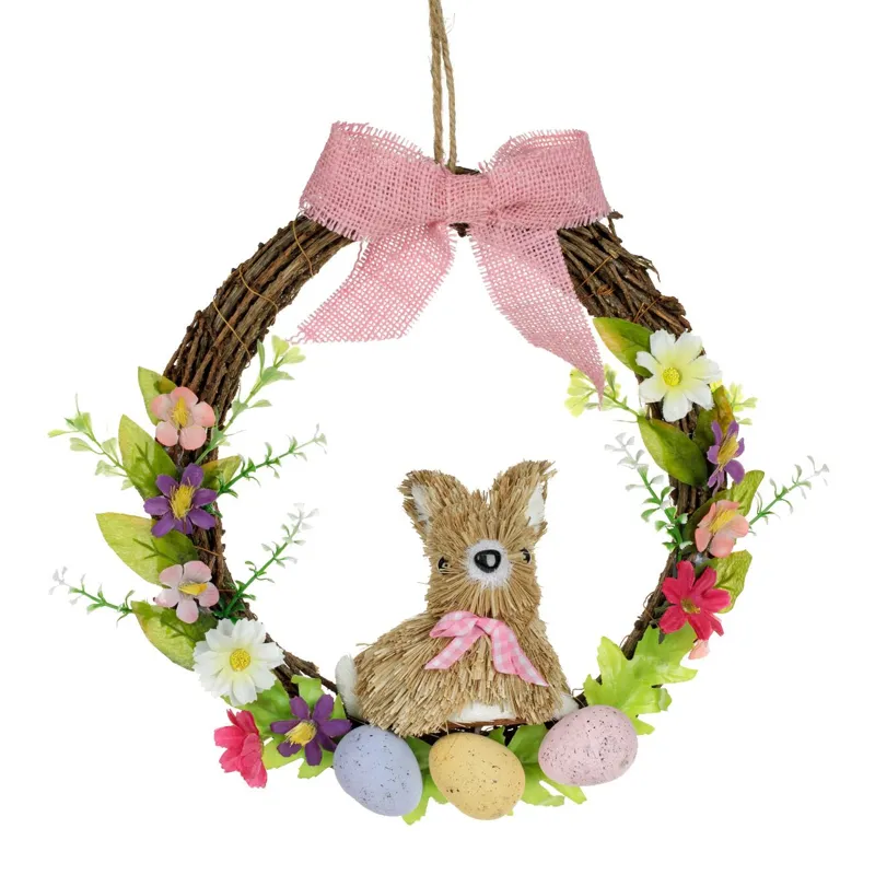 Coronita decorativa de Paste cu oua, flori si iepuras, Bej, 25cm