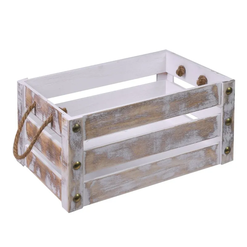 Ladă Decorativă din Lemn Alb Auriu, Organizator pentru Obiecte, cu Mânere Frângh